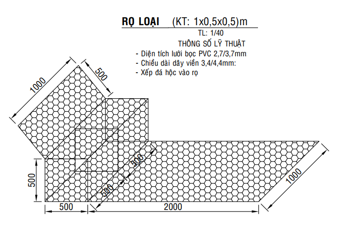 Bản vẽ rọ đá bọc nhựa PVC P8/2.7mm (1x0.5x0.5)m – 0 vách có neo (2x1)m khách hàng cung cấp cho Phú An Nam yêu cầu sản xuất