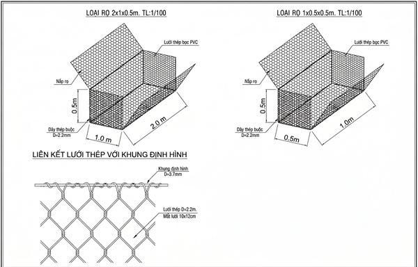 Thiết kế sử dụng rọ đá hộc (2x1x0.5)m tiêu chuẩn phổ biến