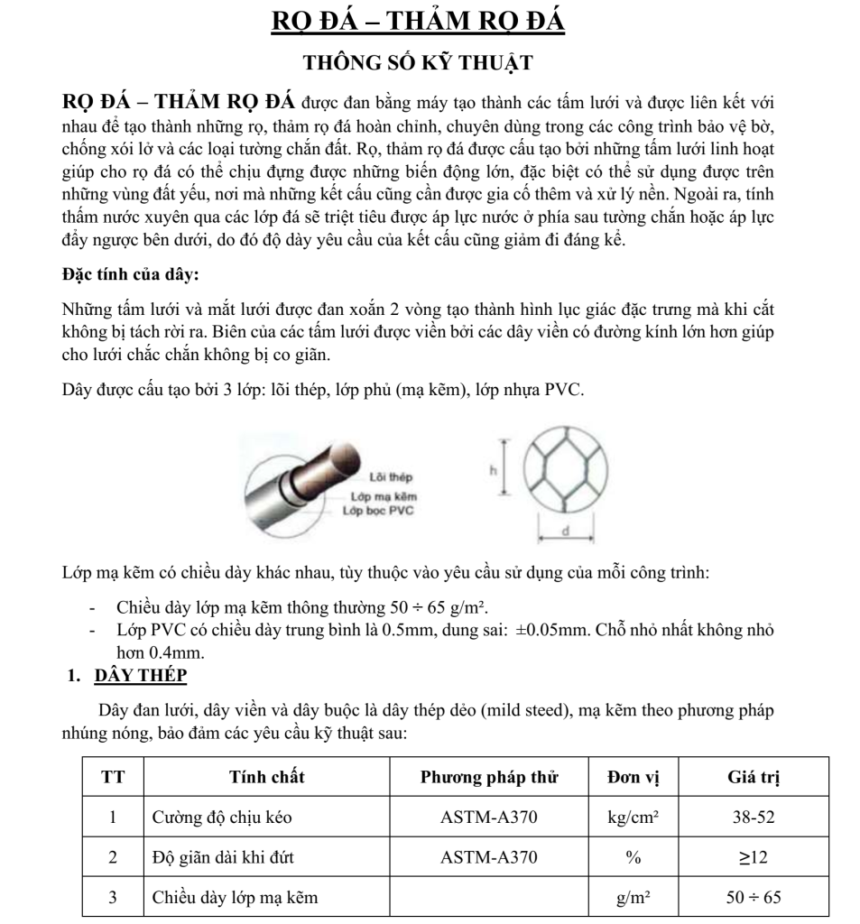 Thông số kỹ thuật rọ đá Thông số kỹ thuật rọ đá